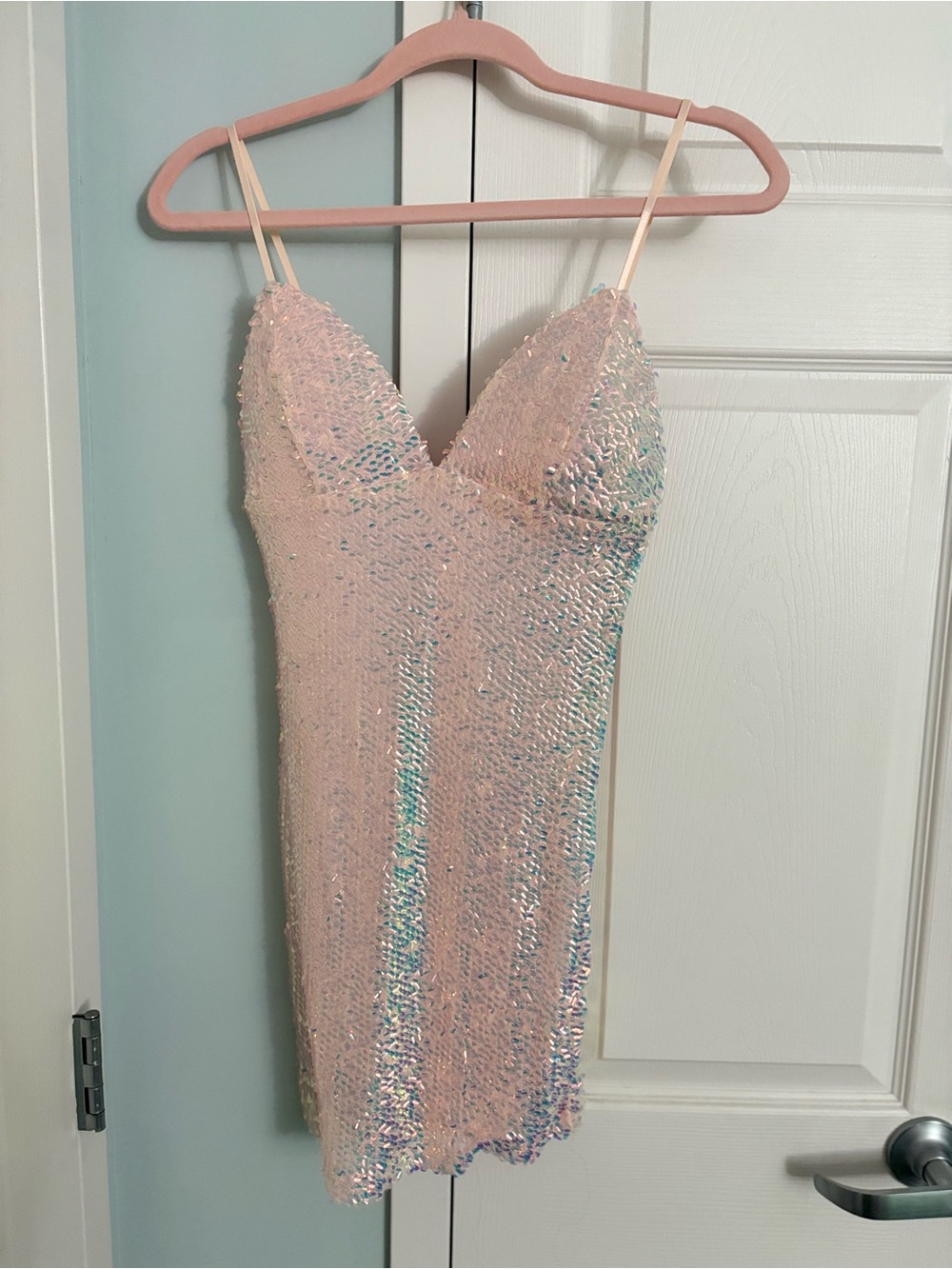 Fashion Nova Blush Iridescent Sequin Mini Dress
